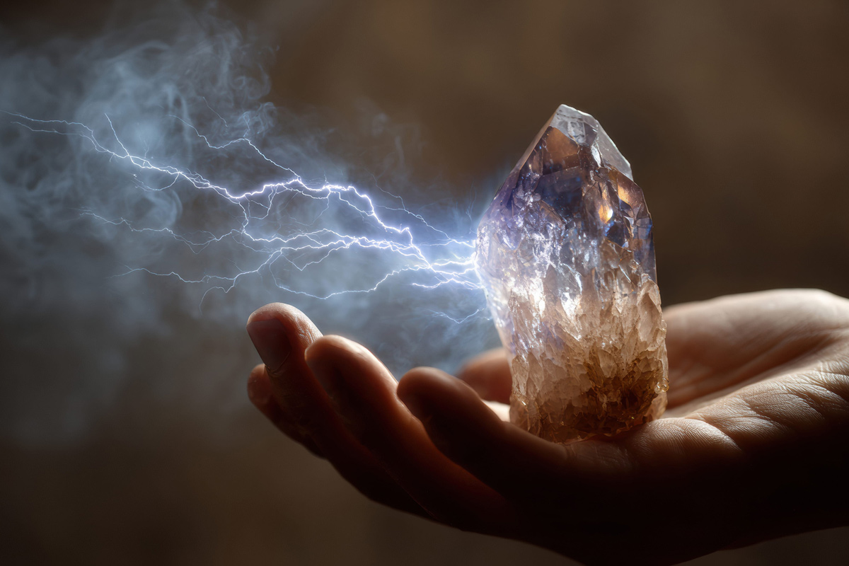 A crystal is being held in a man's hand while electric energy comes out of the crystal.