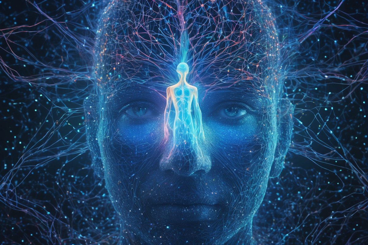 An illustration in blue of a person's face and overlayed on it is the silhouette of a person showing lines of energy going through their body.