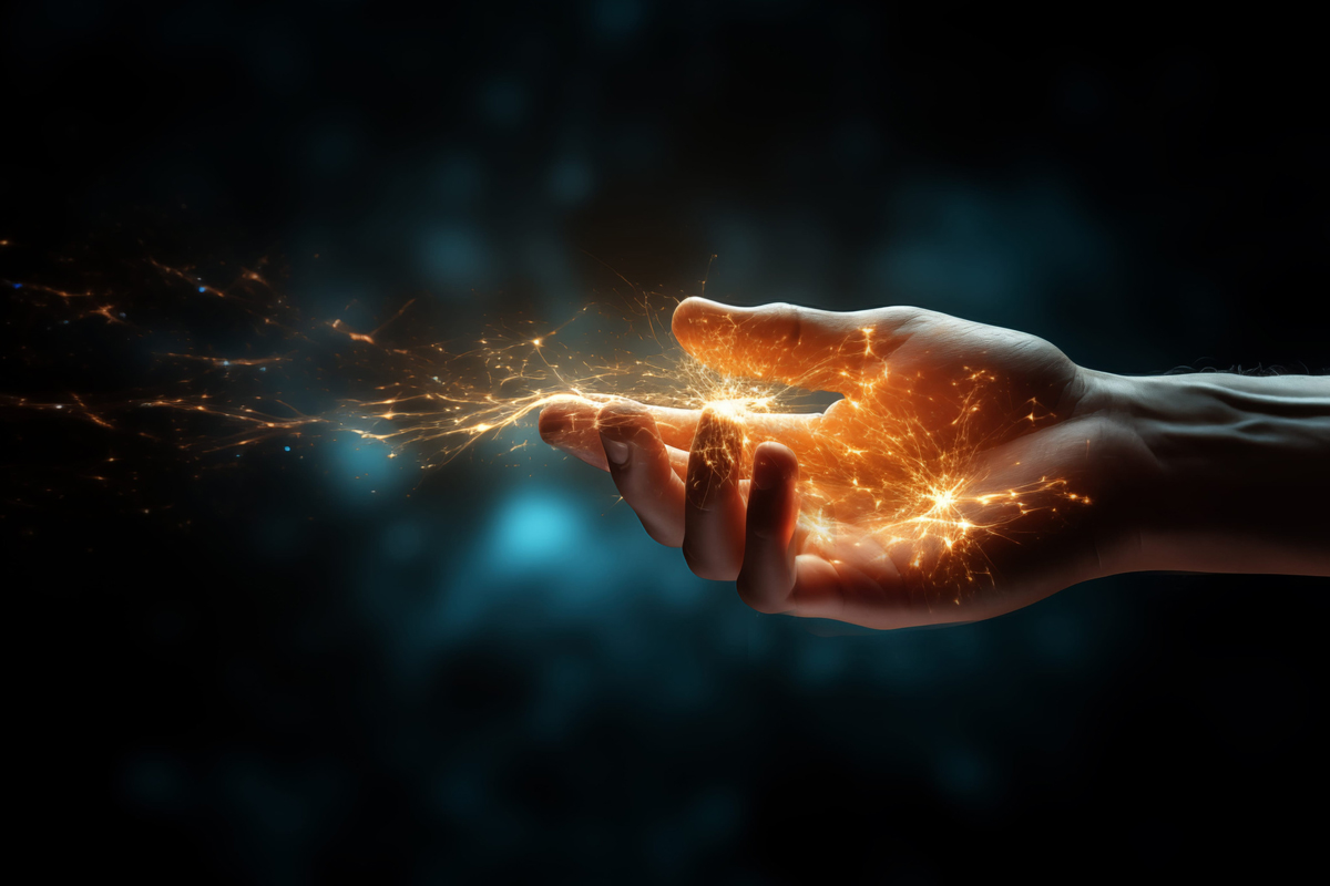 A man's hand with glowing yellow symbols written across his palm and energy flows out from his fingers.