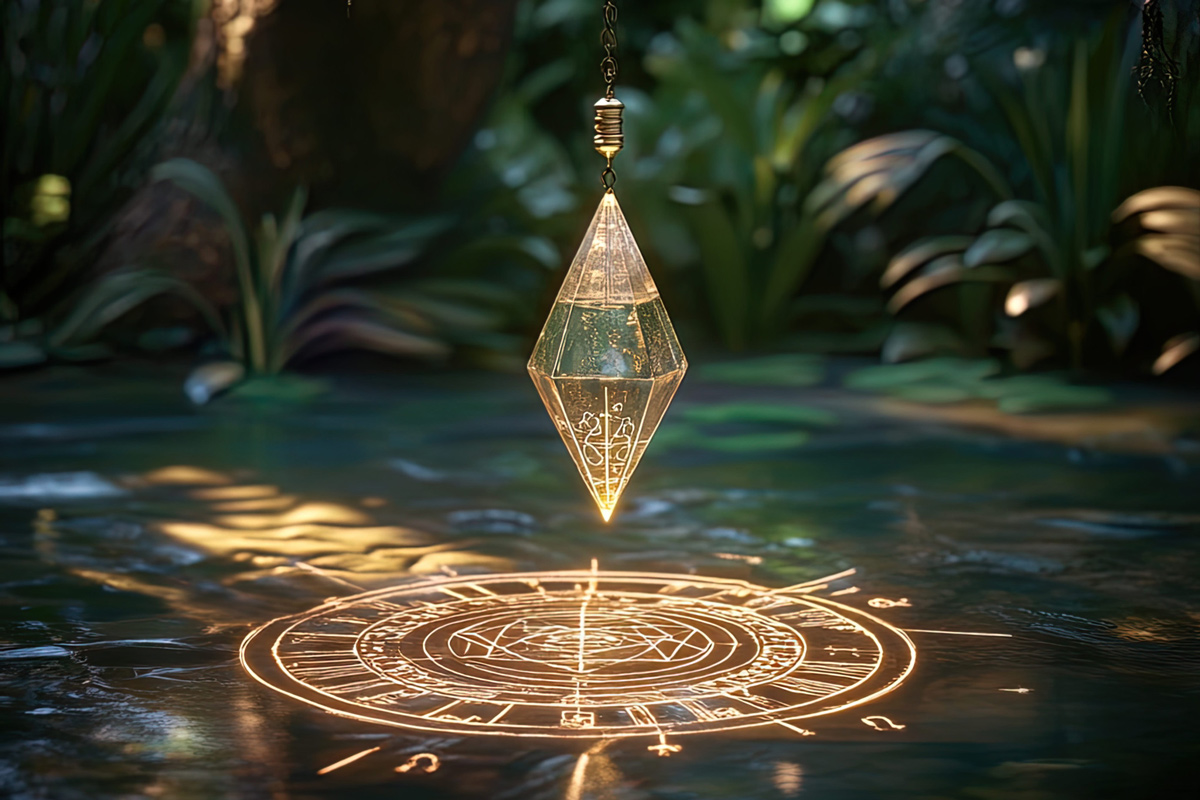 A clear quartz pendulum hangs over a table. On the table is a glowing chart.