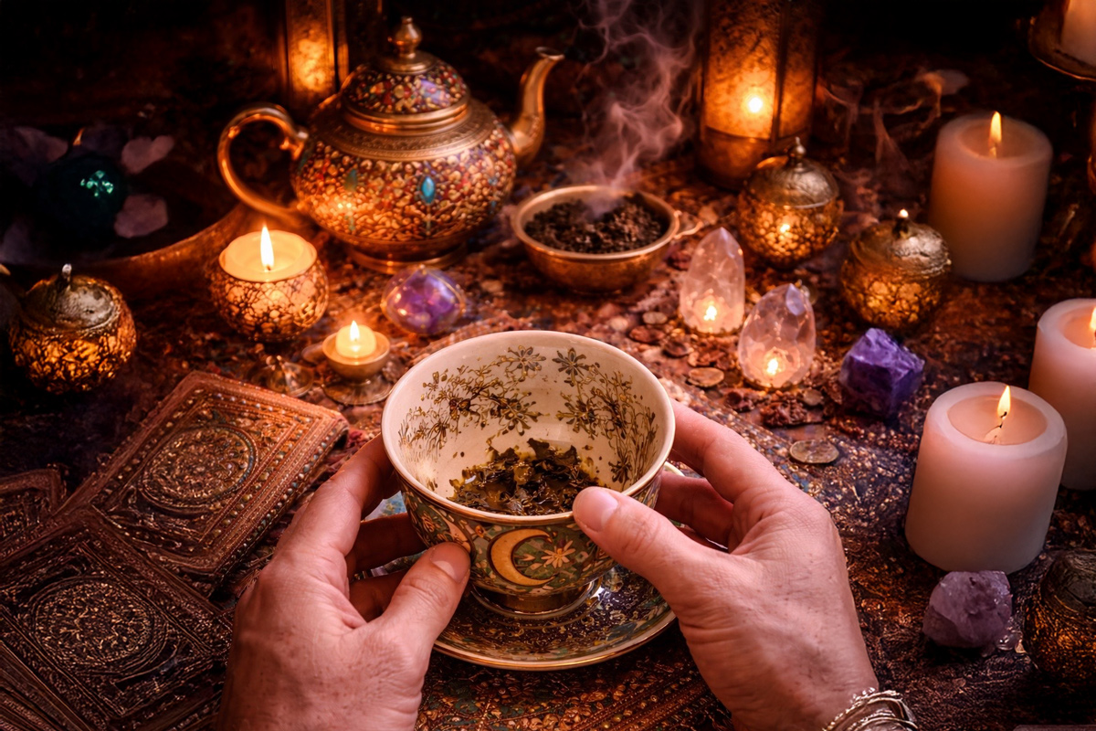 A tea cup with loose wet tea leaves in the bottom of the cup is held by a man's hands. The table has crystals and many burning candles on it.